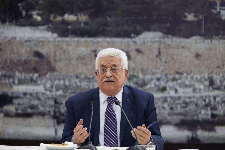 Palestinian President Mahmoud Abbas talks during a leadership meeting in Ramallah, Tuesday, April 1, 2014. In a dramatic move that could derail eight months of U.S. peace efforts,  President Abbas resumed a Palestinian bid for further U.N. recognition despite a promise to suspend such efforts during nine months of negotiations with Israel. Abbas signed 