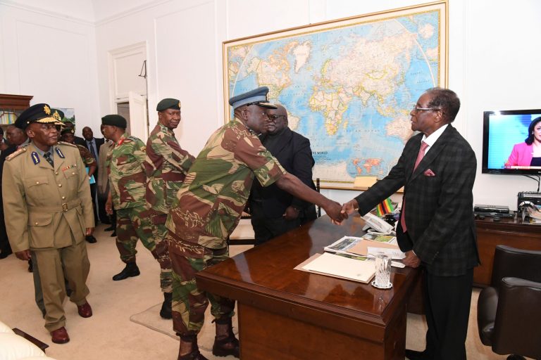 Zimbabwean President, Robert Mugabe, meets with Defence Forces Generals in Harare at State House , Sunday, Nov, 19, 2017. Members of the ZANU PF Central committee fired Mugabe as chief and replaced him with dismissed deputy President, Emmerson Mnangagwa on Sunday. (AP Photo)