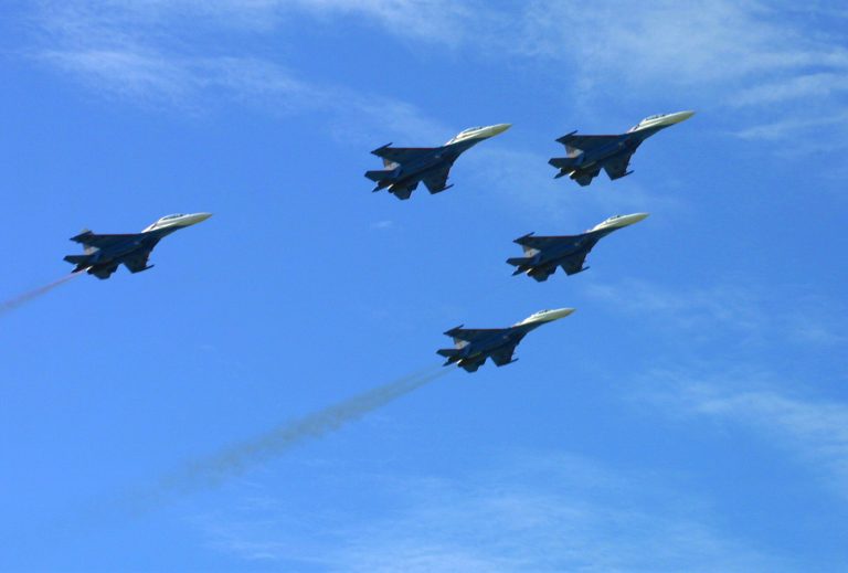 The Russian Warriors air force aerobatic squadron perform during a demonstration at the Moscow International Air Show Aug. 14, 2001 in Zhukovsky, about 30 km southeast of Moscow. The show featured the latest designs in Russian and foreign aircraft. (Photo by Oleg Nikishin/Getty images)