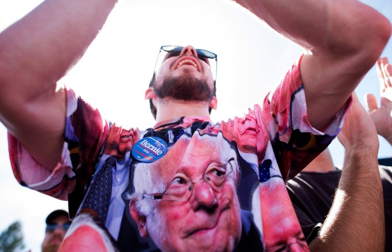 Connor Anderson cheers for Democratic presidential candidate Sen. Bernie Sanders, I-Vt., during a campaign rally at the Cubberley Community Center on Wednesday, June 1, 2016, in Palo Alto, Calif. (AP Photo/Noah Berger)