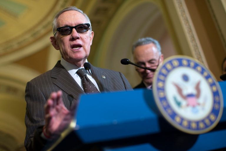 Senate Minority Leader Sen. Harry Reid of Nev., speaks during a news conference on Capitol Hill in Washington. (AP Photo/Evan Vucci)