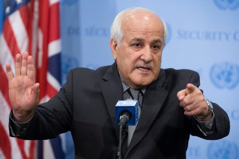 Palestinian U.N. Ambassador Riyad Mansour speaks during an emergency meeting of the U.N. Security Council on the worsening situation in Gaza at United Nations headquarters, Sunday, July 20, 2014. A Jordan-drafted resolution obtained by The Associated Press expresses 
