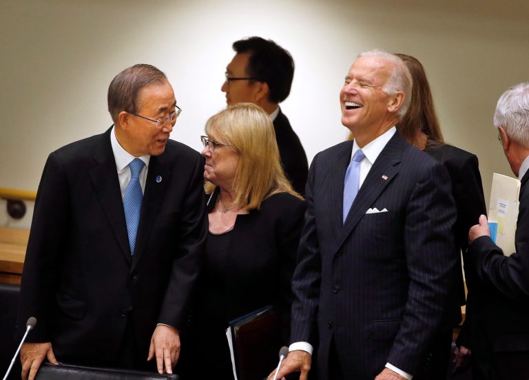 U.S. Vice President Joe Biden, right, laughs while speaking to United Nations Secretary-General Ban Ki-moon before a summit on international peacekeeping operations on the sidelines of the 69th session of the United Nations General Assembly at U.N. headquarters, Friday, Sept. 26, 2014. (AP Photo/Jason DeCrow)