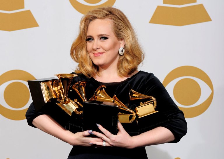   FILE - In this Feb. 12, 2012 file photo, Adele poses backstage with her six awards at the 54th annual Grammy Awards in Los Angeles. Adele won awards for best pop solo performance for 