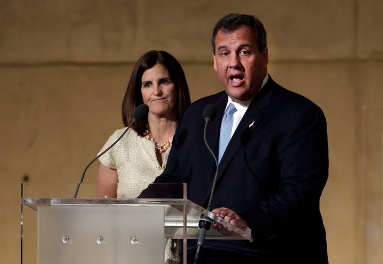 New jersey Gov. Chris Christie, accompanied by his wife Mary Pat Christie, delivers his remarks during the dedication ceremony in Foundation Hall, of the National September 11 Memorial Museum, in New York, Thursday. (Richard Drew/Associated Press/POOL)