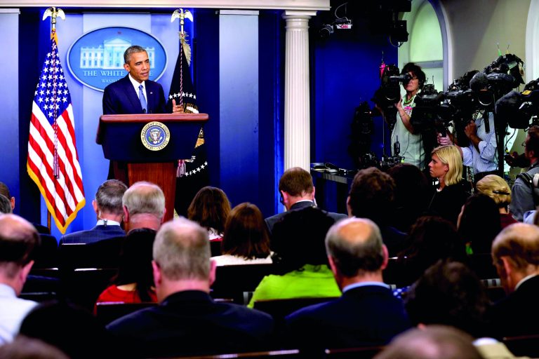 President Obama delivers remarks and takes reporters' questions in the Brady Press Briefing Room at the White House. (Chip Somodevilla/Getty Images)