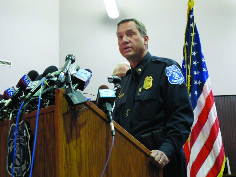 Brookfield Police Chief Dan Tushaus briefs reporters in an evening news conference in Brookfield, Wis., on Sunday, Oct. 21, 2012. A man who had been accused of domestic violence and slashing his wife's tires took a gun into the spa where she worked and shot seven women, three fatally, before killing himself, Tushaus said. The shootings set off a confusing, six-hour search Sunday for the gunman that locked down a nearby mall, a country club adjacent to the spa and the hospital where the survivors were taken. (AP Photo/Carrie Antlfinger)