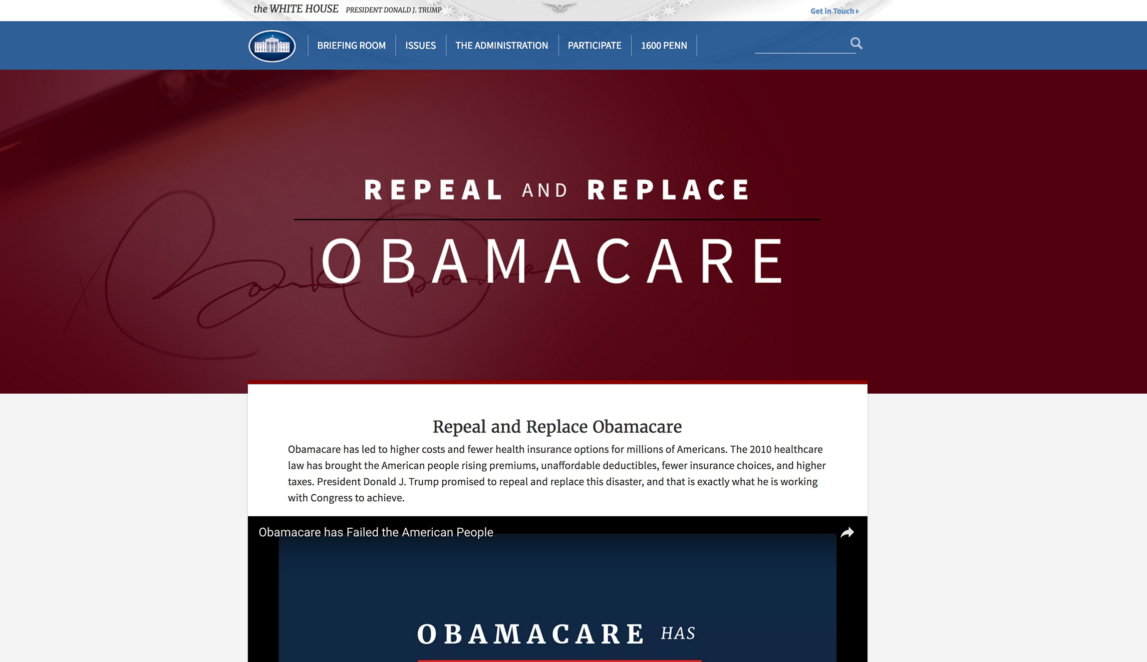 White House launches website on repealing and replacing Obamacare