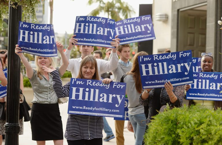 Volunteers with the national organization 'Ready for Hillary'' hold a rally on May 8, 2013 in Beverly Hills, California. (Photo by Kevork Djansezian/Getty Images)