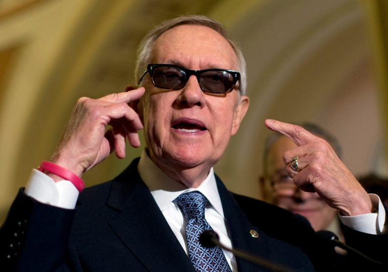 Senate Minority Leader Sen. Harry Reid of Nev., speaks to media after a policy luncheon on Capitol Hill in Washington, Wednesday, July 8, 2015. (AP Photo/Carolyn Kaster)
