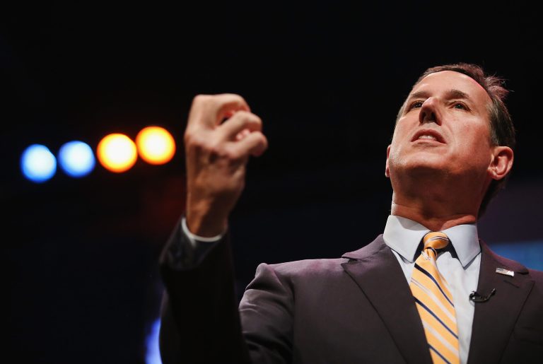 Former Pennsylvania Senator Rick Santorum speaks to guests gathered at the Point of Grace Church for the Iowa Faith and Freedom Coalition 2015 Spring Kickoff on April 25, 2015 in Waukee, Iowa.(Getty Image)