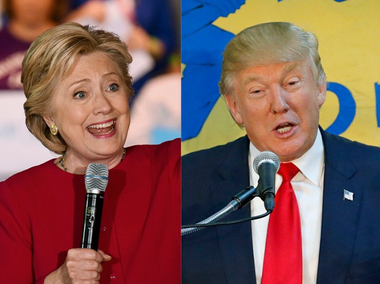 Donald Trump has gained on Hillary Clinton in a new poll, although Clinton still has a healthy lead just two weeks from the election. (Al Diaz/Miami Herald via AP)