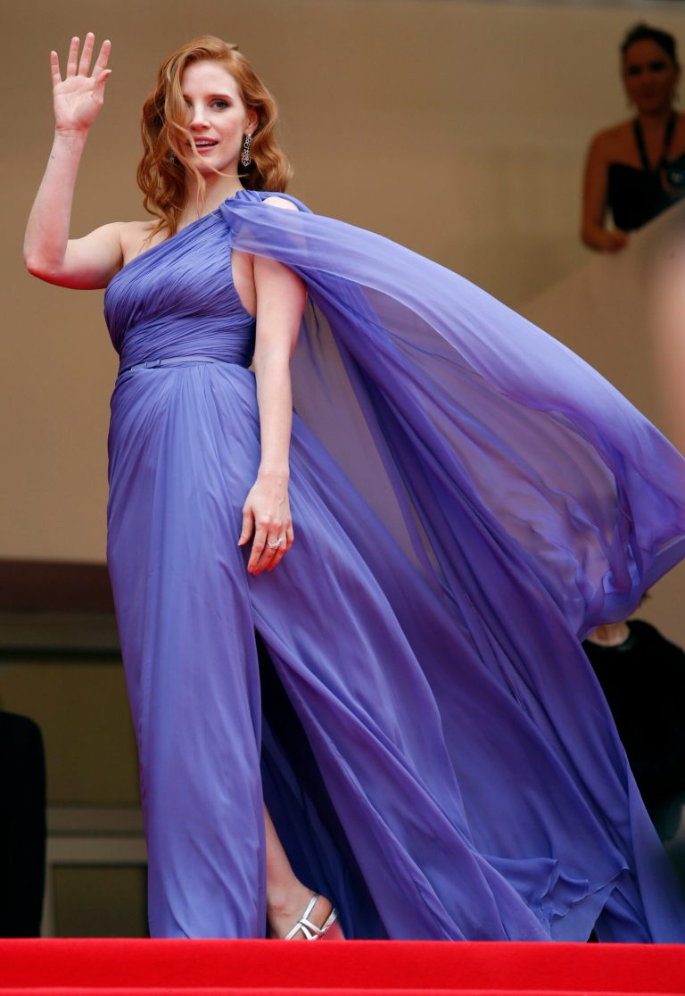 Actress Jessica Chastain poses for photographers as she arrives for the screening of Foxcatcher at the 67th international film festival, Cannes, southern France, Monday, May 19, 2014. (AP Photo/Alastair Grant)