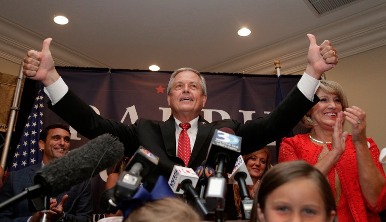 Republican Ralph Norman gives a thumbs up to supporters at a campaign party in Rock Hill, S.C., after winning the South Carolina's 5th Congressional District. (AP Photo/Chuck Burton)