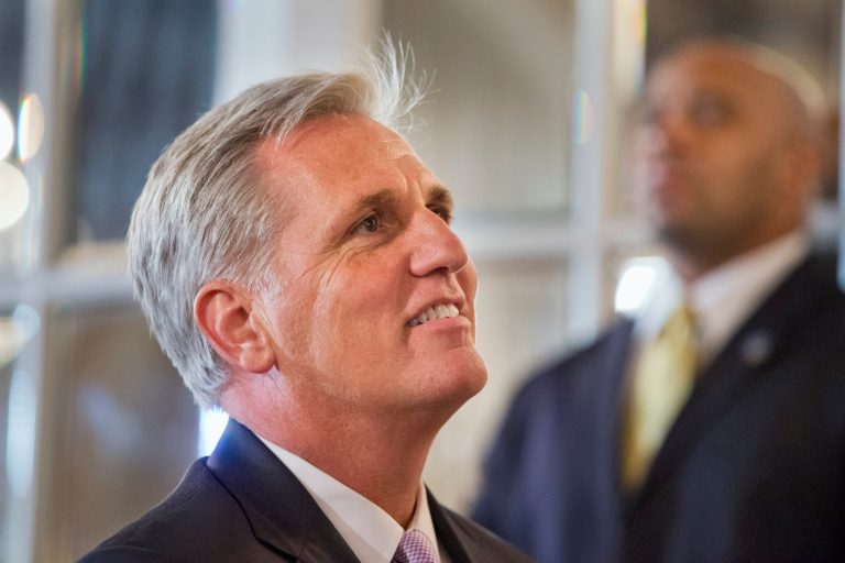 House Majority Leader Kevin McCarthy of Calif. smiles as he is introduced to speak to the John Hay Initiative, Monday, Sept. 28, 2015, at a hotel in Washington. (AP Photo/Jacquelyn Martin)