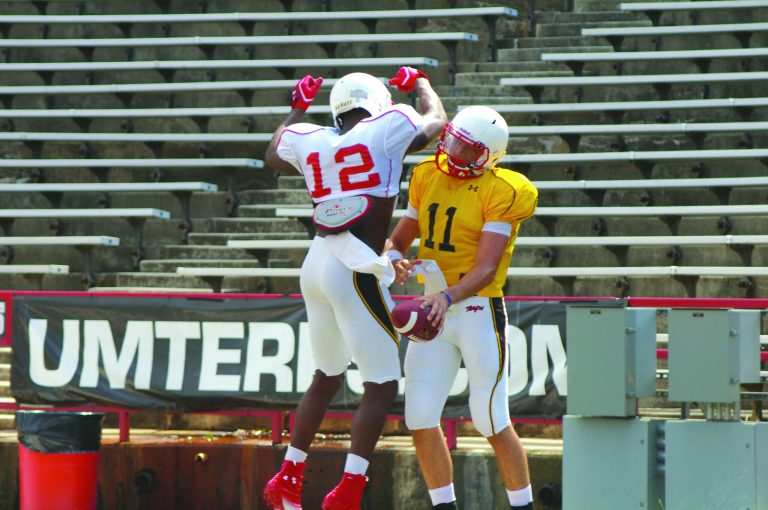 Kevin Dunleavy/The Washington Examiner
Freshman Perry Hills, right, the Terps' starting QB after C.J. Brown was lost for the year, was 14-for-19 for 155 yards and a TD.