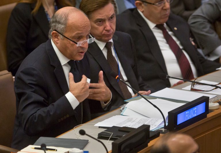 French Foreign Minister Laurent Fabius speaks during a high level meeting on Libya Thursday, Sept. 25, 2014, during the 69th session of the U.N. General Assembly meetings at the United Nations headquarters.  (AP Photo/Bebeto Matthews)