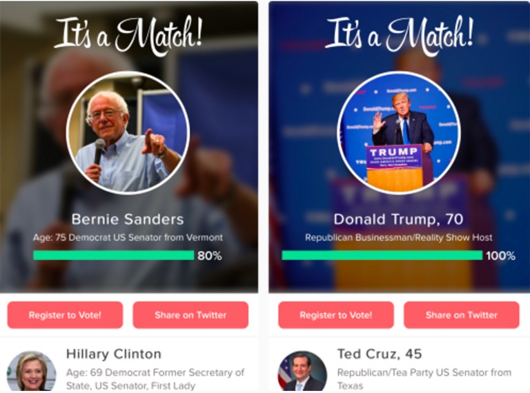 Tinder wants to hook users up with the presidential candidate best suited for them. (Tinder)