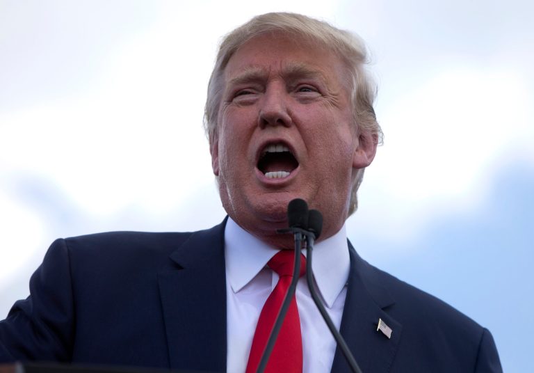 Republican presidential candidate Donald Trump speaks at a rally organized by Tea Party Patriots in on Capitol Hill in Washington, Wednesday, Sept. 9, 2015, to oppose the Iran nuclear agreement. (AP Photo/Carolyn Kaster)