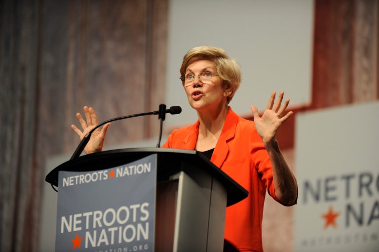 Sen. Elizabeth Warren, D-Mass., addresses the crowd during her appearance at the Netroots Nation conference in Detroit on Friday. (AP Photo/Detroit News, David Coates)