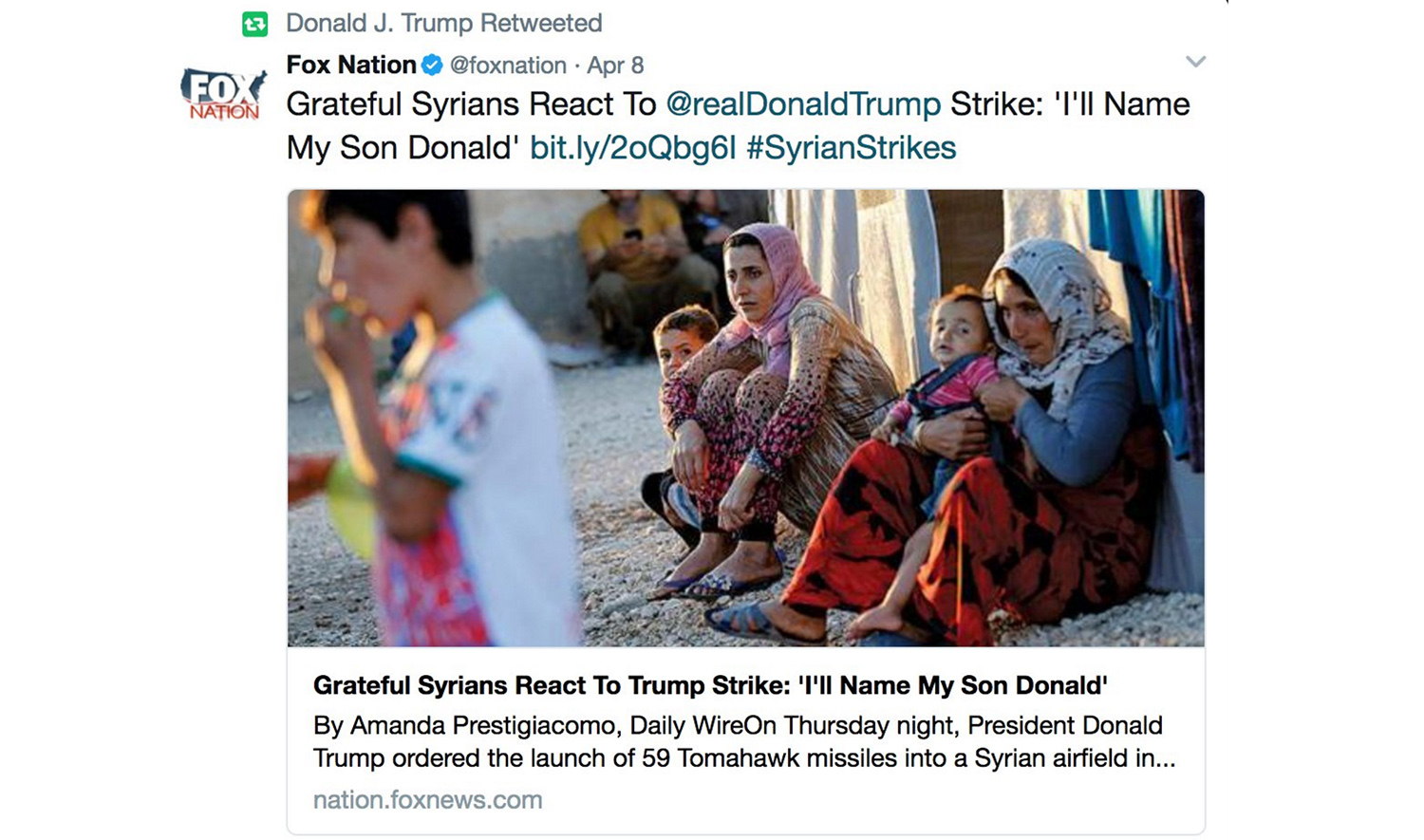Trump retweets story about Syrian promising to name son ‘Donald’ after missile strike