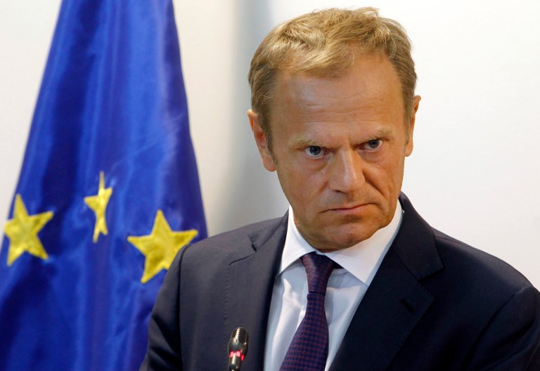 Tusk didn't mention any retaliatory actions against the Trump administration. Instead, he vowed to keep ties with the U.S. strong. (AP Photo/Boris Grdanoski)