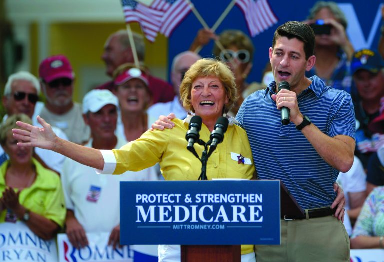 FILE - This Aug. 18, 2012 file photo shows Republican vice-presidential candidate Rep. Paul Ryan, R-Wis., right, introducing his mother, Betty Ryan Douglas, to supporters at a campaign rally in The Villages, Fla. Get in line, Medicare and Social Security. Seniors, like just about everyone else, have money on their minds. Seniors vote at a higher rate than any other age group, so they'll be a deciding factor in the presidential election. Seniors backed the Republican candidate in the last two presidential elections. (AP Photo/Phelan M. Ebenhack, File)