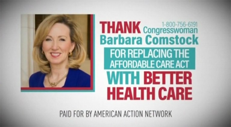 Ironically, two of the member of Congress the ads thank, including Rep. Barbara Comstock, R-Va., were reportedly leaning towards voting 
