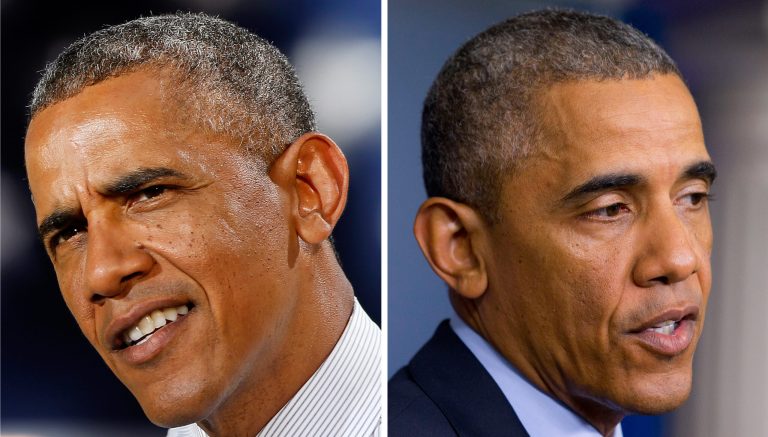 This combination image of President Barack Obama shows him, left, talking about the economy during a visit to Denver on July 9, 2014, and right, talking at the White House in Washington about the situation in Iraq on June 19, 2014. There's the confident Obama ridiculing opponents to the delight of his supporters.  Then there's the increasingly unpopular president hobbled by gridlock in Washington and foreign policy crises.  While Obama has long sought refuge away from the capital when his frustrations boiled over, the gap between his outside and inside games has perhaps never been bigger. (AP Photos)