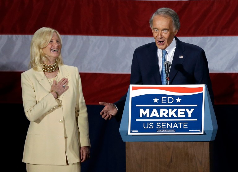 Democratic U.S. Rep. Edward Markey speaks to supporters, as his wife Dr. Susan Blumenthal reacts at left, at his campaign party Tuesday, June 25, in Boston. Markey defeated Republican candidate Gabriel Gomez in the Massachusetts special election for the U.S. Senate seat vacated by Secretary of State John Kerry. (AP Photo/Elise Amendola)