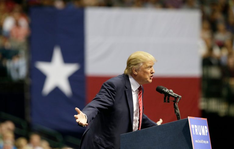 Republican presidential candidate Donald Trump speaks to supporters during a campaign event in Dallas, Monday, Sept. 14, 2015. (AP Photo/LM Otero)