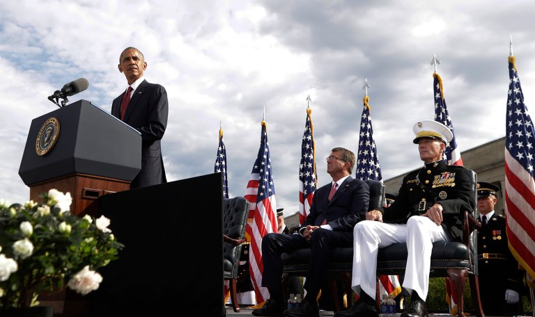President Obama speaks at a memorial ceremony at the Pentagon, Sunday, Sept. 11, 2016, to commemorate the 15th anniversary of the Sept. 11 attacks. (AP Photo/Manuel Balce Ceneta)