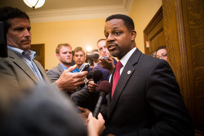 Councilman Kwame Brown being questioned by reporters at City Hall earlier this year. (Graeme Jennings/Examiner)
