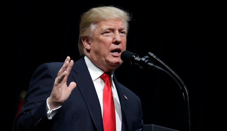 Trump pointed to the rise in violence in cities around the country while calling on society to stop its demonization of police officers, which has arisen in part from what critics say is a rise in violence against unarmed blacks. (AP Photo/Evan Vucci)