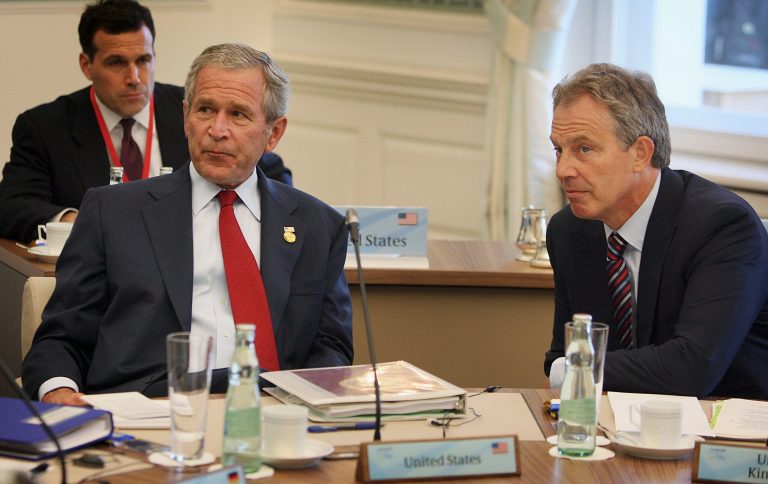 Former President George Bush and former British Prime Minister Tony Blair attend a round table meeting of G8 leaders in 2007. (Peter Macdiarmid/Getty Images)
