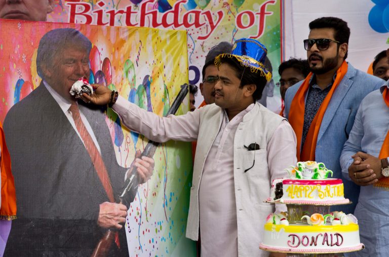 The party featured a life-size cardboard cutout of the Manhattan real estate mogul. (AP Photo/Saurabh Das)