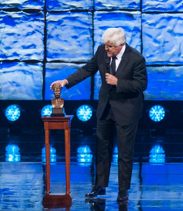 Mark Twain Prize honoree Jay Leno speaks after being presented with the prize at the Kennedy Center for the Performing Arts for the Mark Twain Prize for American Humor on Sunday, Oct. 19, 2014, in Washington.  (AP Photo/Kevin Wolf)