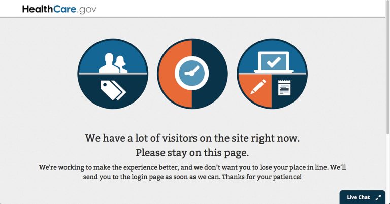 In this screen grab Image, the page asking visitors to stay on during the log in process of the Health Care Marketplace website Wednesday, Oct. 2, 2013. The pressure is on for the federal government and states running their own health insurance exchanges to get the systems up and running after overloaded websites and jammed phone lines frustrated consumers for a second day as they tried to sign up for coverage using the new marketplaces. (AP Photo/The U.S. Centers for Medicare & Medicaid Services)