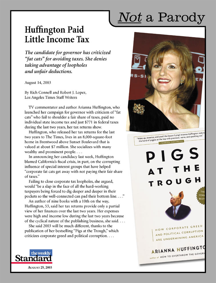 Populist Arianna Huffington has paid almost no income taxes over last two years.