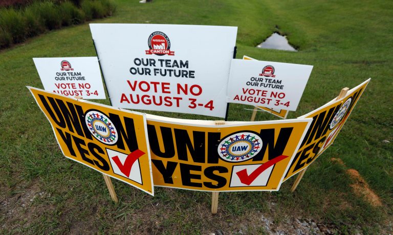 In a closely watched vote, Nissan workers at a Canton, Miss., plant rejected the United Auto Workers by a 2-to-1 margin in an organizing vote concluded late Friday, dealing a major blow to the union's hopes to make inroads in the south. The vote was 2,244 to 1,307. (AP Photo/Rogelio V. Solis)