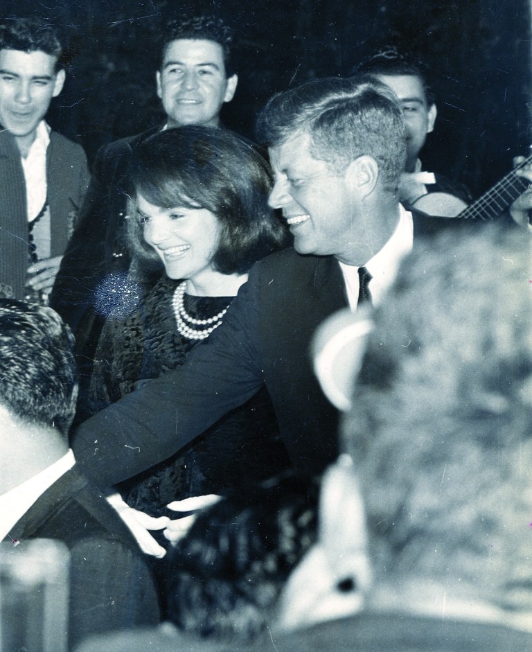 In this black-and-white image provided by Alexander Arroyos, taken on Nov. 21, 1963, shows President John F. Kennedy and first lady Jacqueline Kennedy greeting Latino activists at a LULAC gala in Houston's Rice Hotel. Historians say Kennedy's appearance at the Rice Ballroom _ 49 years ago this week and the night before his assassination _ was likely the first time a U.S. president officially acknowledged Latinos as an important voting block. (AP Photo/Courtesy of Alexander Arroyos)