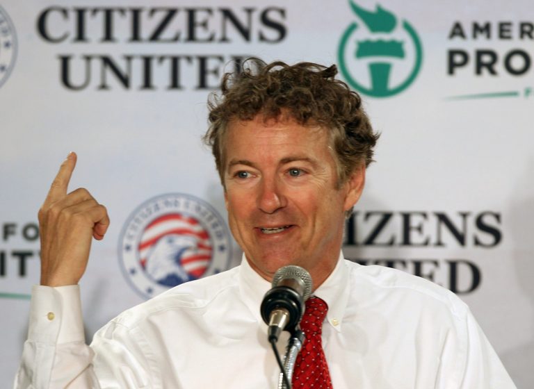 Sen. Rand Paul, R-Ky. speaks at a GOP Freedom Summit, Saturday, April 12, 2014, in Manchester, N.H.  Several potential Republican White House contenders _ among them Kentucky Sen. Rand Paul, Sen. Ted Cruz, and former Arkansas Gov. Mike Huckabee _ headline a conference Saturday in New Hampshire, hosted by the conservative groups Citizens United and Americans for Prosperity. (AP Photo/Jim Cole)
