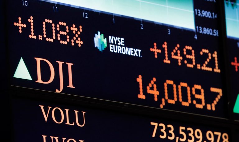 A board on the floor of the New York Stock Exchange shows the closing number for the Dow Jones industrial average, Friday, Feb. 1, 2013. The Dow stock market index closed above 14,000 for the first time since before the financial crisis rocked the world economy.  It's gained 6.9 percent this year. (AP Photo/Richard Drew)