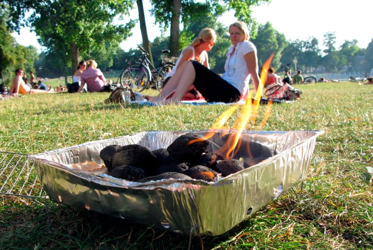 Two women watch flames burning barbecue briquettes in a small mobile grill as people enjoy the warm summer weather in on Wednesday evening, Aug. 5, 2009, by gathering in a park for a barbecue. (AP Photo/Roberto)
