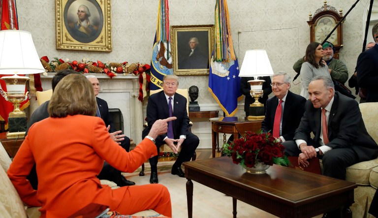 House Speaker Paul Ryan, Senate Majority Leader Mitch McConnell, Senate Minority Leader Chuck Schumer and House Minority Leader Nancy Pelosi attended.
			(AP Photo/Alex Brandon)