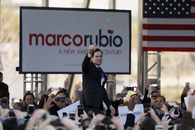 Republican presidential candidate, Sen. Marco Rubio, R-Fla. gestures as he arrive for a rally, Friday, Feb. 26, 2016, in Dallas. (AP Photo/Brandon Wade)