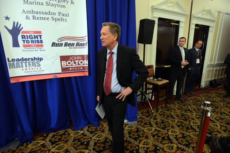 Ohio Gov. John Kasich waits to take the stage at the First in the Nation Republican Leadership Summit April 18, 2015 in Nashua, N.H. (Photo by Darren McCollester/Getty Images)
