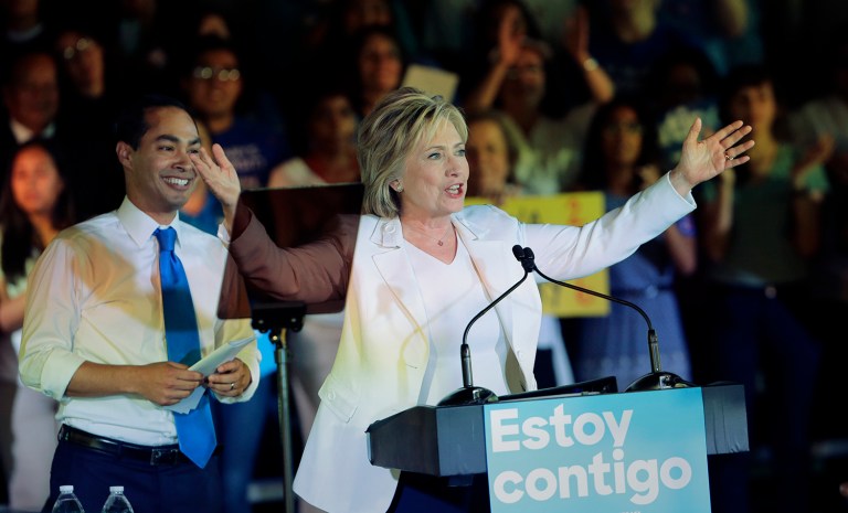 Clinton is supported by 63 percent of registered Hispanic voters, a 47-point lead over Trump's 16 percent, according to a Wall Street Journal/NBC News/Telemundo poll released Thursday. (AP Photo/Eric Gay)