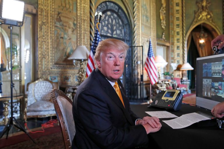 President Donald Trump speaks to the media before speaking with members of the armed forces via video conference at his private club, Mar-a-Lago, on Thanksgiving, Thursday, Nov. 23, 2017, in Palm Beach, Fla. (AP Photo/Alex Brandon)