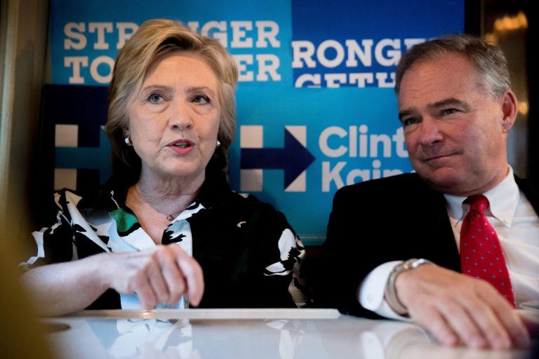 It's the first time that Fox News has polled the two presidential tickets against each other, indicating Hillary Clinton's Virginia running mate may be faring better with unsure voters than Donald Trump's Midwestern pick. (AP Photo)